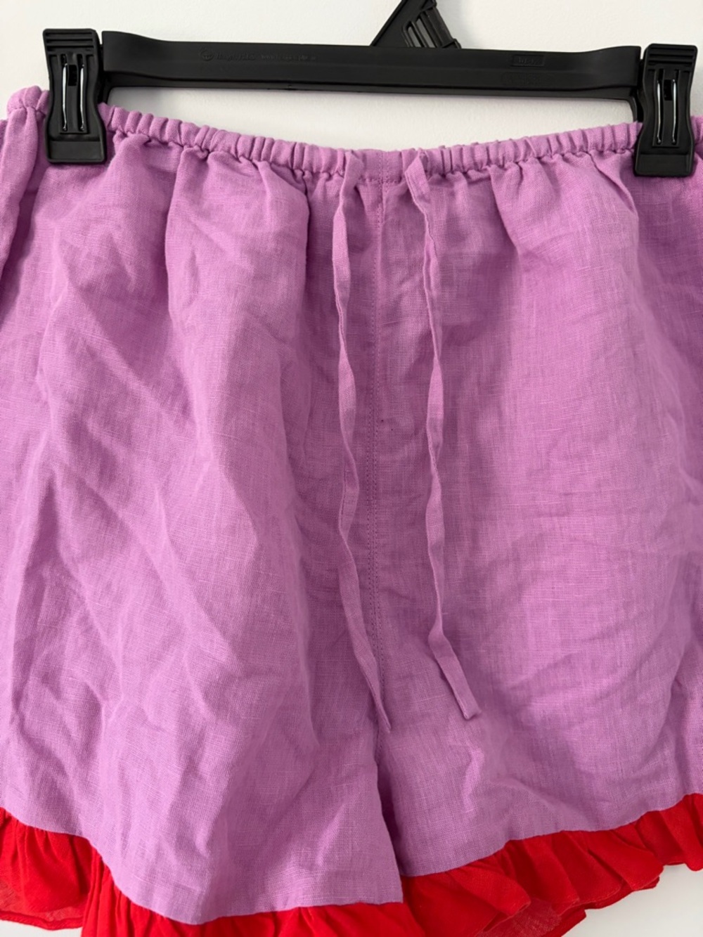 Dora Larsen Free People Lavender Red Ruffle Pull On Linen Organic Cotton Shorts - Picture 3 of 11